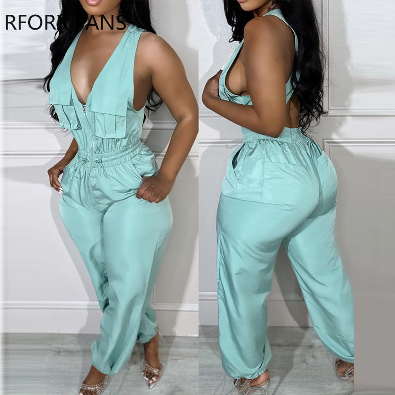 2023 Γυναικεία φόρμα με ίσια ίσια φόρμα με φερμουάρ με βαθιές τσέπες V λαιμό