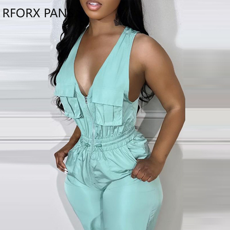 2023 Γυναικεία φόρμα με ίσια ίσια φόρμα με φερμουάρ με βαθιές τσέπες V λαιμό