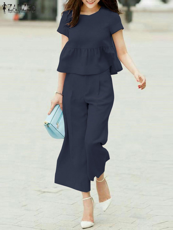 ZANZEA suvised elegantsed pükstekomplektid 2 tk Naiste komplektid Moodsad lühikeste varrukatega pluus Püksid Ülikonnad Solid OL Work Urban Treenimine