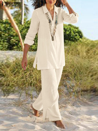 2TK Mood naiste pükste komplektid ZANZEA elegantne pikkade varrukatega pluus, püksid, kostüümid, kevadised vabaaja spordidressid.