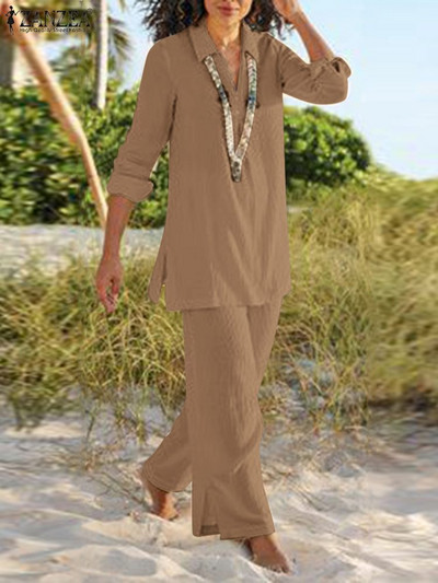 2TK Mood naiste pükste komplektid ZANZEA elegantne pikkade varrukatega pluus, püksid, kostüümid, kevadised vabaaja spordidressid.