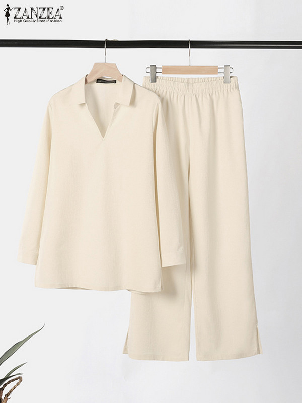 2TK Mood naiste pükste komplektid ZANZEA elegantne pikkade varrukatega pluus, püksid, kostüümid, kevadised vabaaja spordidressid.