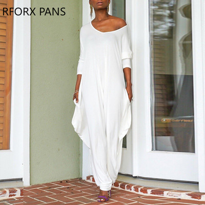 Ženski šik ležerni jednobojni široki haremski kombinezon s dubokim V izrezom i džepom