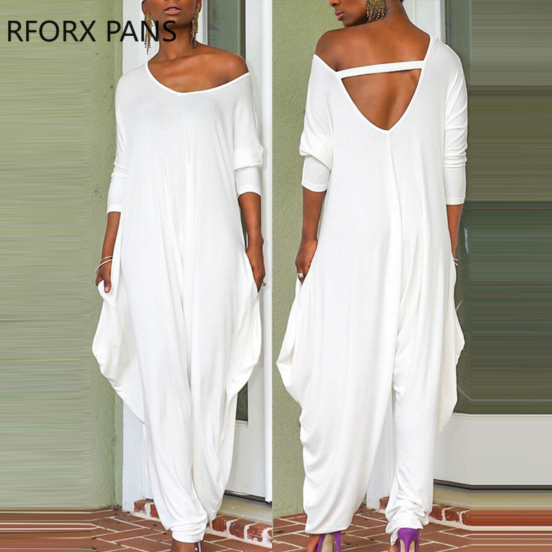 Ženski šik ležerni jednobojni široki haremski kombinezon s dubokim V izrezom i džepom