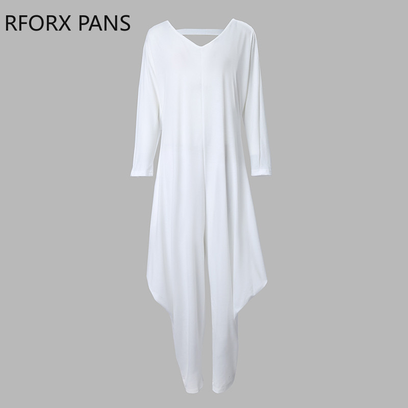 Ženski šik ležerni jednobojni široki haremski kombinezon s dubokim V izrezom i džepom