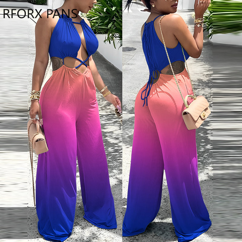 Ženski izdubljeni ravni seksi kombinezon na ukrštene naramenice s gradijentnom bojom