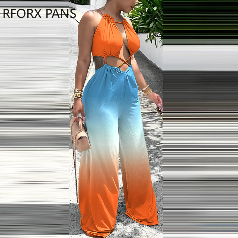 Ženski izdubljeni ravni seksi kombinezon na ukrštene naramenice s gradijentnom bojom