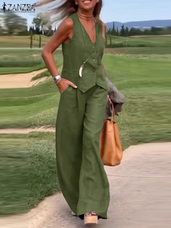 ZANZEA Modni ženski kompleti hlača širokih nogavica 2 komada Ljetne majice bez rukava Hlače Odijela Elegantna jednobojna radna trenerka Ležerna odjeća