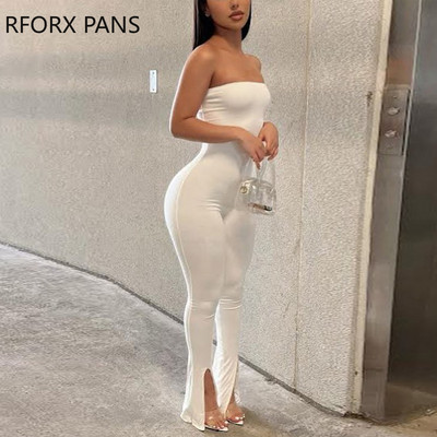 Ženski elegantni ženski elegantni kombinezon s otvorenim ramenima, jednobojni, uski, male silt nogavice, bijeli kombinezon