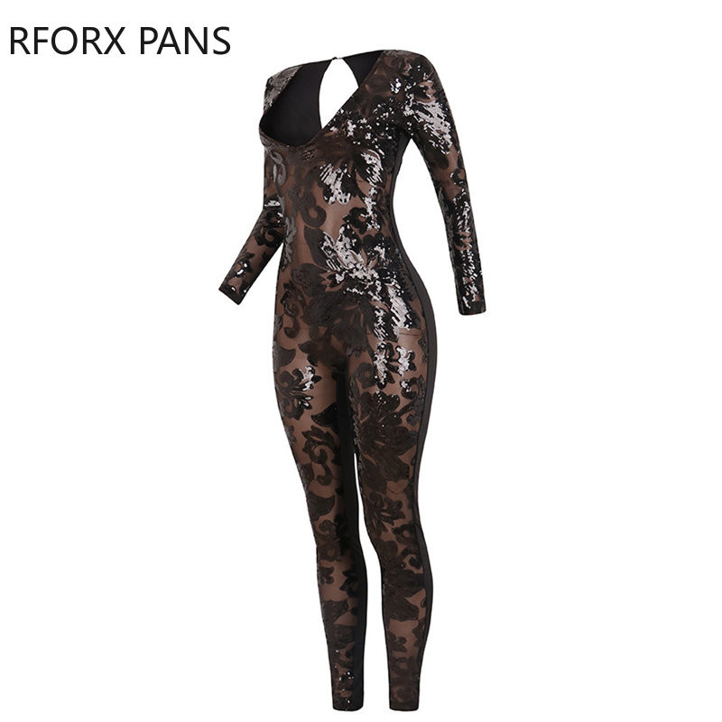 Salopetă neagră sexy pentru femei, cu decolteu în V adânc, cu paiete, cu patchwork, bodycon, skinny