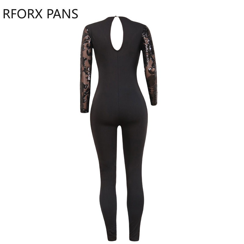 Salopetă neagră sexy pentru femei, cu decolteu în V adânc, cu paiete, cu patchwork, bodycon, skinny
