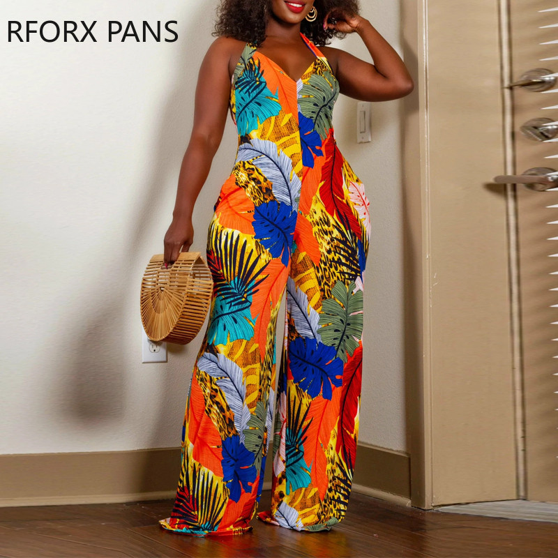 Ženski elegantni ležerni kombinezoni s halterima i dubokim V izrezom bez rukava s cijelim printom ravnih nogavica