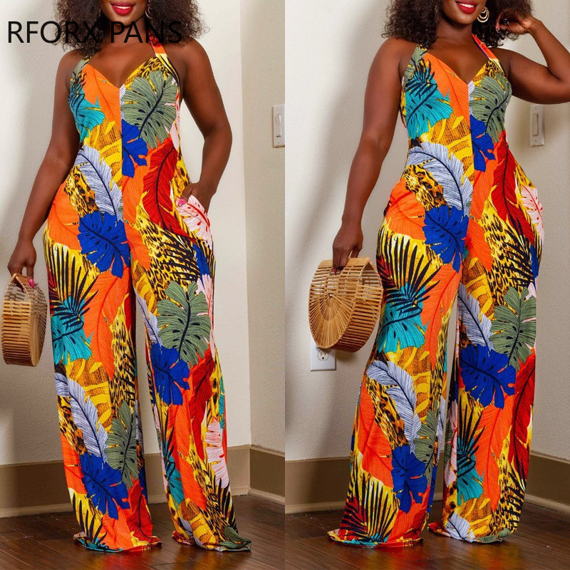 Ženski elegantni ležerni kombinezoni s halterima i dubokim V izrezom bez rukava s cijelim printom ravnih nogavica