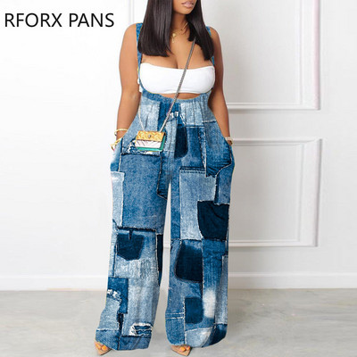 Naiste lapitehnikas mustriga pastelsete taskudekooriga laia jalaga ripp, paks rihm teksariidest kombinesoon