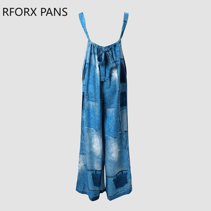 Naiste lapitehnikas mustriga pastelsete taskudekooriga laia jalaga ripp, paks rihm teksariidest kombinesoon