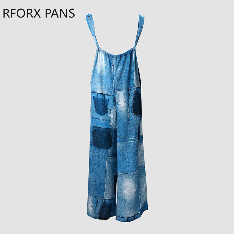 Naiste lapitehnikas mustriga pastelsete taskudekooriga laia jalaga ripp, paks rihm teksariidest kombinesoon