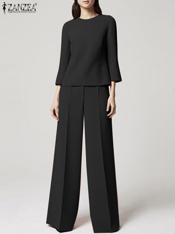 ZANZEA modna urbana trenirka Ženske elegantne OL radne hlače širokih nogavica Kompleti hlača od 2 kom. Ljetni jednobojni odgovarajući kompleti Široka odjeća Odijela