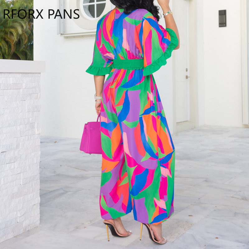 Ženski elegantni seksi radni kombinezon kratkih lepršavih rukava s V izrezom i printom u cijelosti