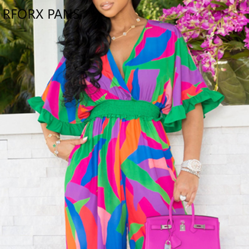 Ženski elegantni seksi radni kombinezon kratkih lepršavih rukava s V izrezom i printom u cijelosti