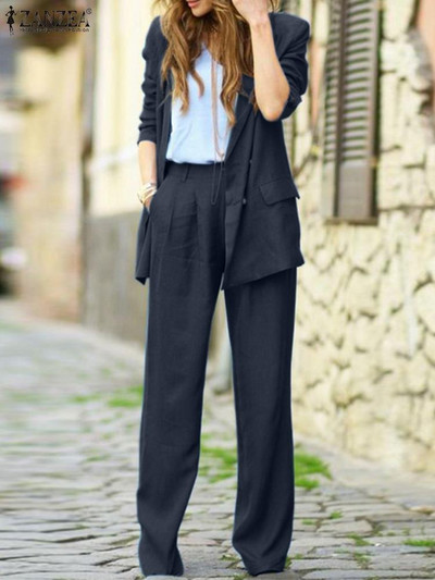 2 komada elegantnih ženskih majica dugih rukava Kompleti hlača širokih nogavica ZANZEA modni jesenski blejzer odijela Ležerna OL radna odgovarajuća odjeća