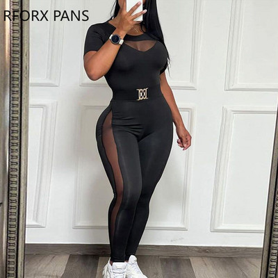 Ženski elegantni kontrastni mrežasti kombinezon s perspektivom s remenima i uskim nogavicama