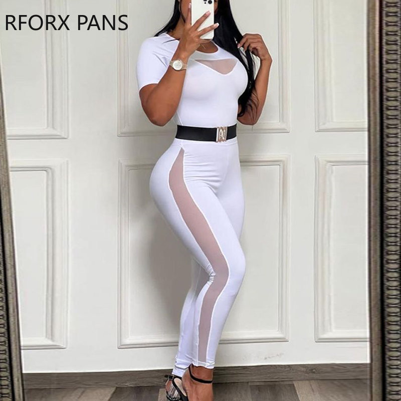 Ženski elegantni kontrastni mrežasti kombinezon s perspektivom s remenima i uskim nogavicama