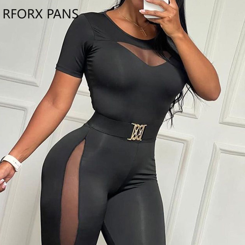 Ženski elegantni kontrastni mrežasti kombinezon s perspektivom s remenima i uskim nogavicama