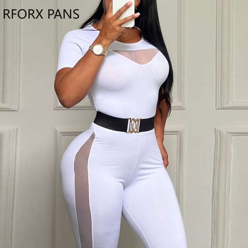 Ženski elegantni kontrastni mrežasti kombinezon s perspektivom s remenima i uskim nogavicama