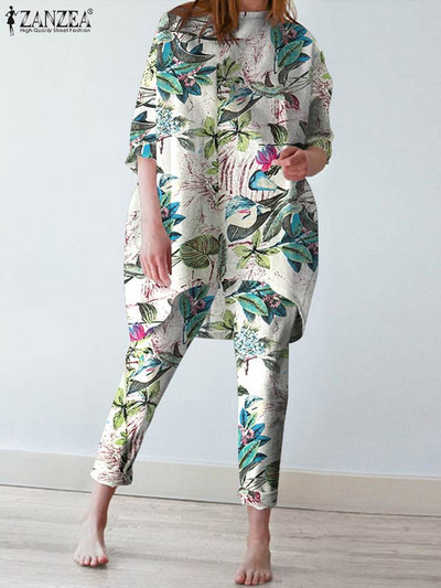 ZANZEA Bluză ocazională de toamnă, pantaloni, costume pentru femei, vintage, cu imprimeu floral, din bumbac, set asortat, trening supradimensionat, seturi două piese