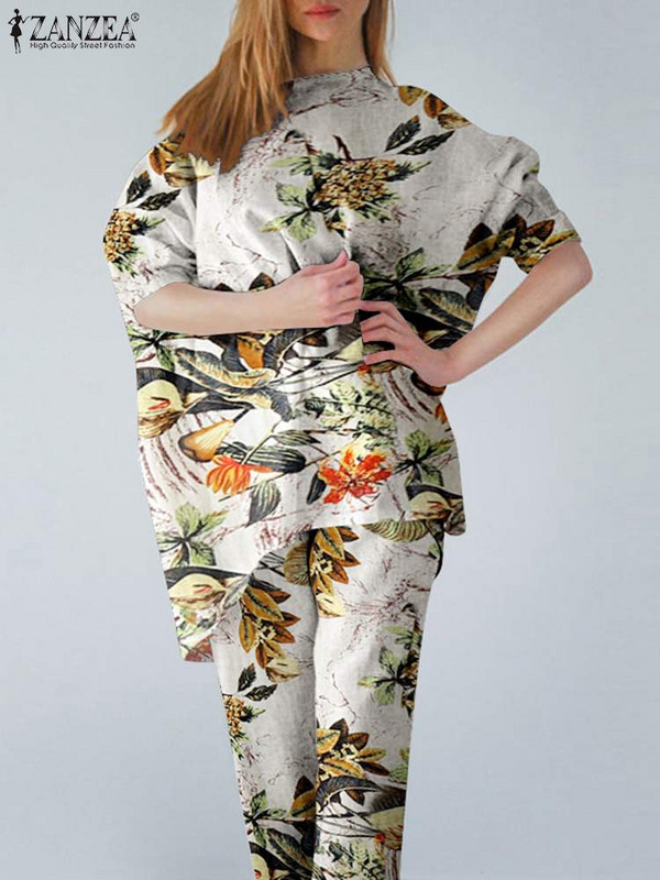 ZANZEA Ležerna jesenska bluza Hlačni odijela Ženski vintage pamučni komplet s cvjetnim otiskom, dvodijelni kompleti prevelike trenirke