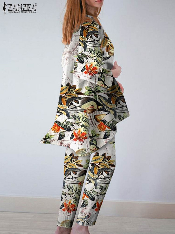 ZANZEA Ležerna jesenska bluza Hlačni odijela Ženski vintage pamučni komplet s cvjetnim otiskom, dvodijelni kompleti prevelike trenirke