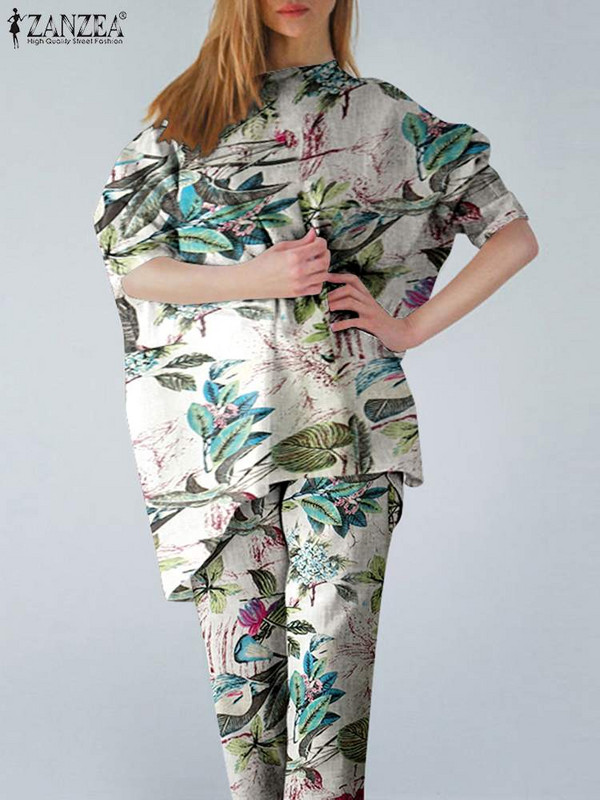 ZANZEA Ležerna jesenska bluza Hlačni odijela Ženski vintage pamučni komplet s cvjetnim otiskom, dvodijelni kompleti prevelike trenirke