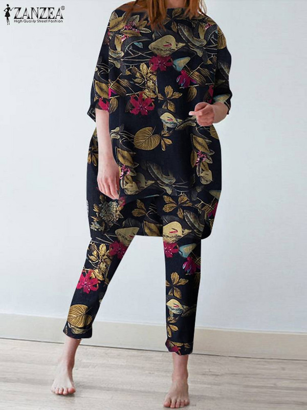 ZANZEA Ležerna jesenska bluza Hlačni odijela Ženski vintage pamučni komplet s cvjetnim otiskom, dvodijelni kompleti prevelike trenirke