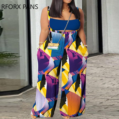 Ženski patchwork uzorak velike veličine, traper kombinezon sa širokim nogavicama i naramenicama.