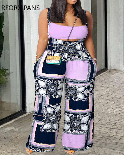 Ženski patchwork uzorak velike veličine, traper kombinezon sa širokim nogavicama i naramenicama.
