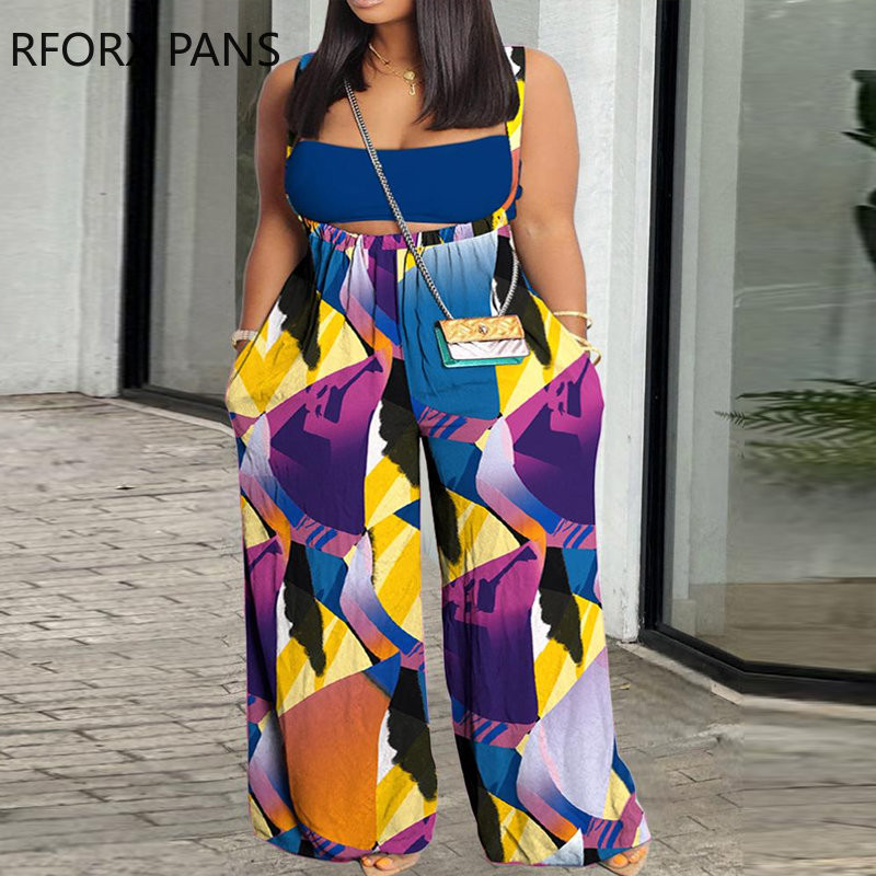 Ženski patchwork uzorak velike veličine, traper kombinezon sa širokim nogavicama i naramenicama.