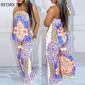 2023 Γυναικεία κομψή στράπλες ολόβερ με στάμπα αμάνικη φόρμα σέξι καλοκαιρινή φόρμα