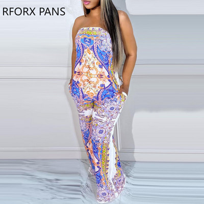 2023 Γυναικεία κομψή στράπλες ολόβερ με στάμπα αμάνικη φόρμα σέξι καλοκαιρινή φόρμα