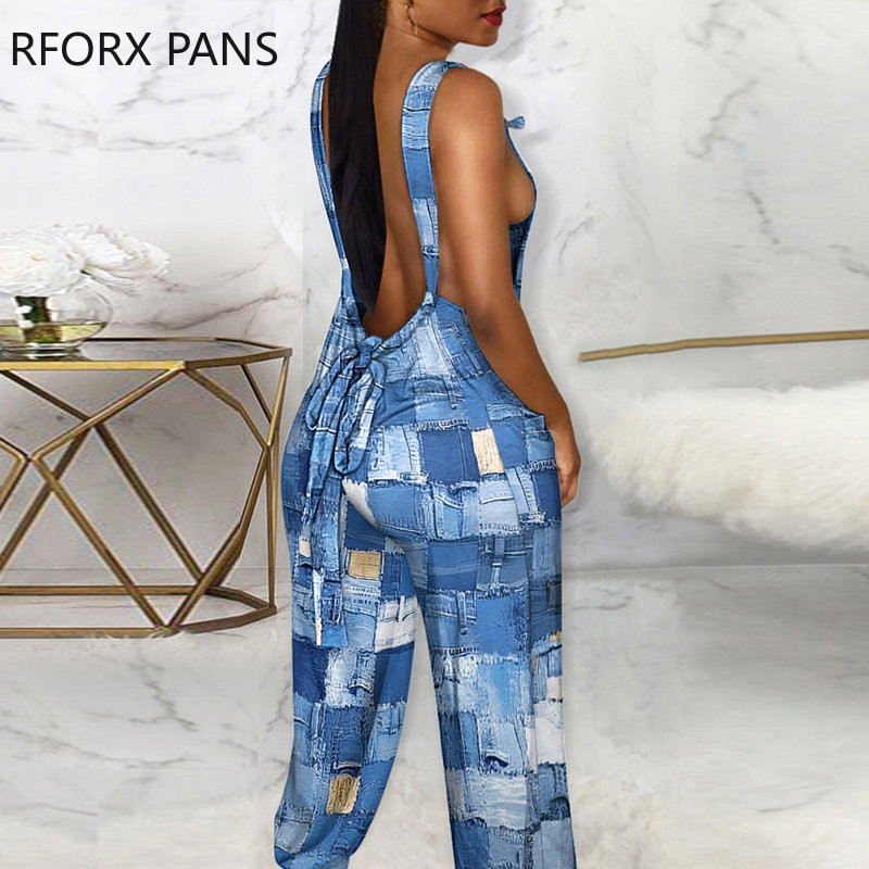 Ženski traper kombinezon s patchwork uzorkom i pastelnim džepnim dekorom na vezivanje i naramenice