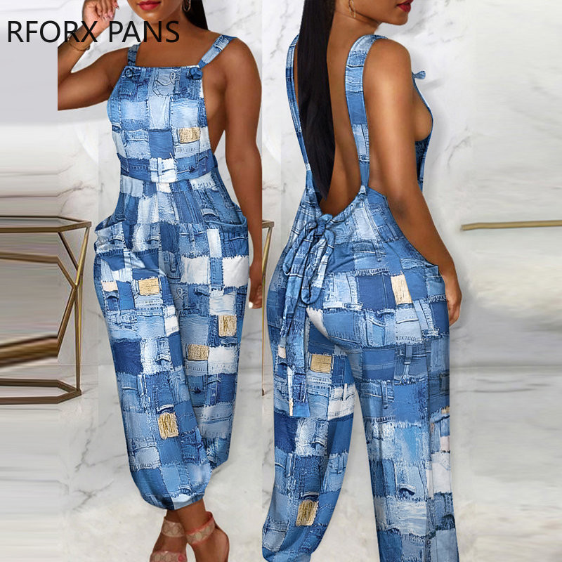 Ženski traper kombinezon s patchwork uzorkom i pastelnim džepnim dekorom na vezivanje i naramenice