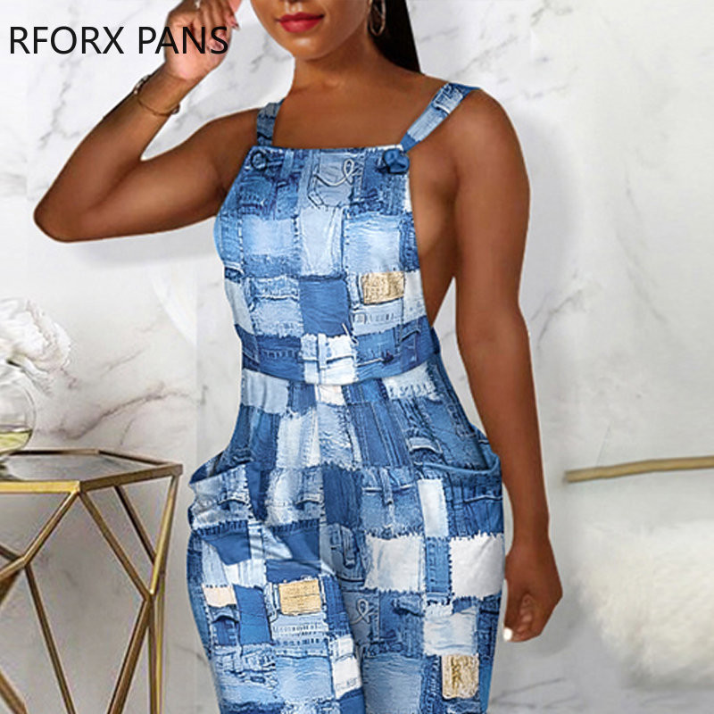 Ženski traper kombinezon s patchwork uzorkom i pastelnim džepnim dekorom na vezivanje i naramenice