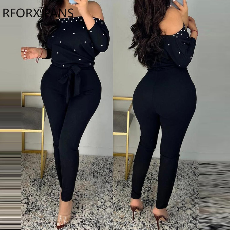 Naiste elegantne õlgadeta pärlitega pikkade varrukatega kombinesoon koos vööga