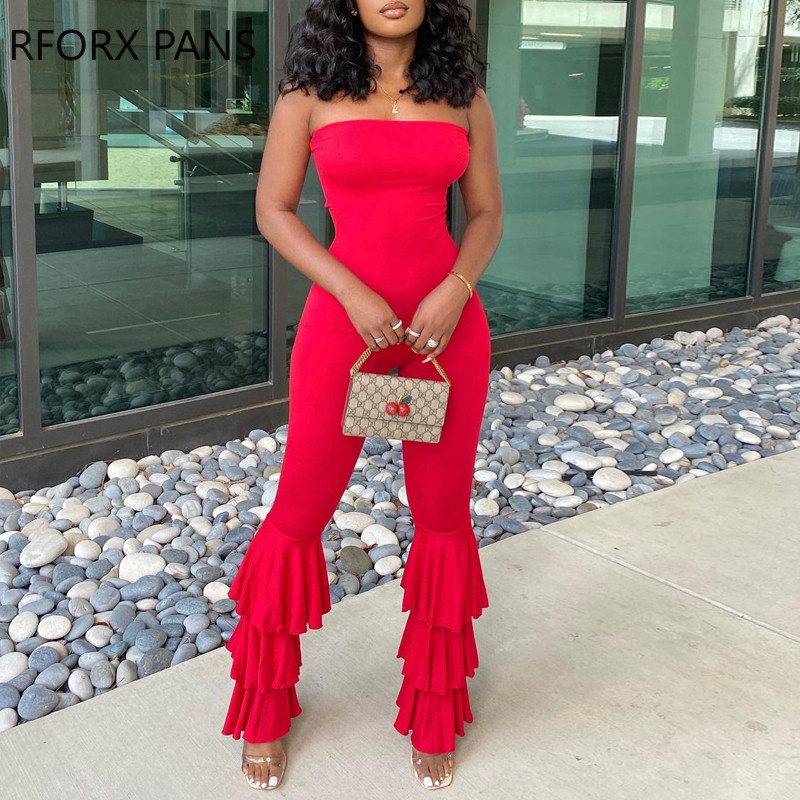 Ženski šik, ležerni, jednobojni, lepršave hlače bez naramenica, seksi crveni kombinezon uz tijelo, bez rukava
