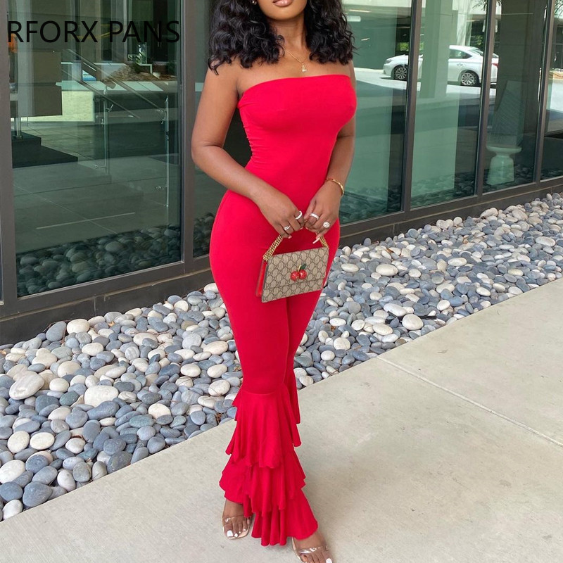 Ženski šik, ležerni, jednobojni, lepršave hlače bez naramenica, seksi crveni kombinezon uz tijelo, bez rukava