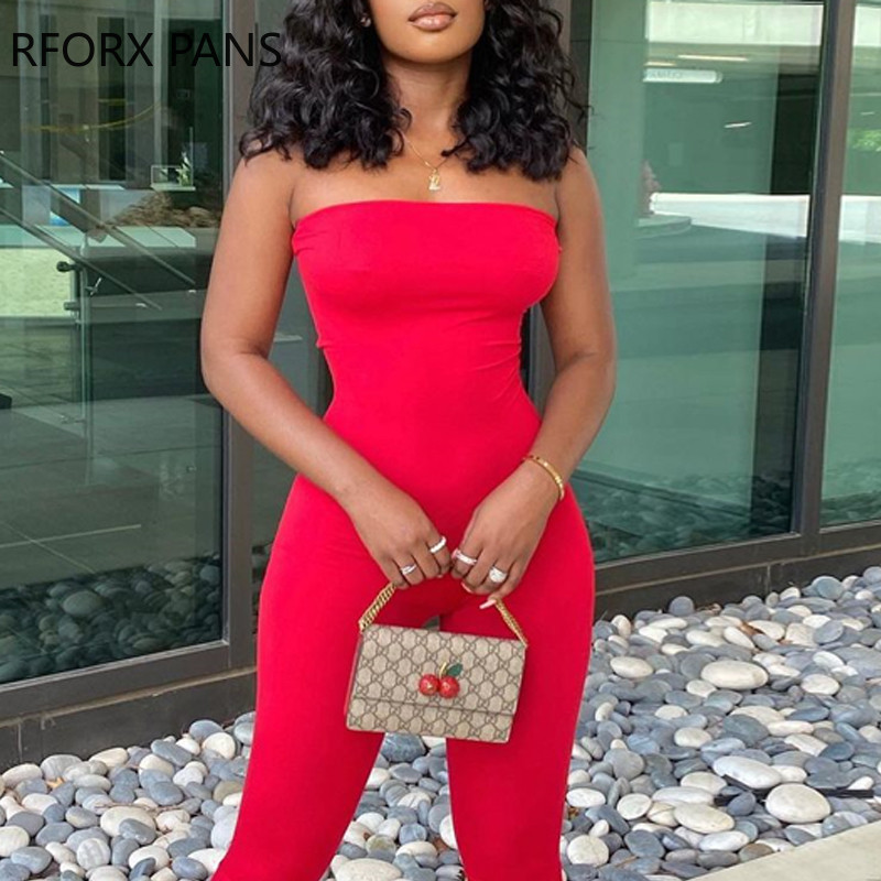 Ženski šik, ležerni, jednobojni, lepršave hlače bez naramenica, seksi crveni kombinezon uz tijelo, bez rukava