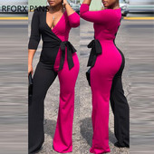 Naiste šikk sügava V-kaelusega lapiline vabaaja kolmeveerandvarrukatega seksikas sirge kombinesoon