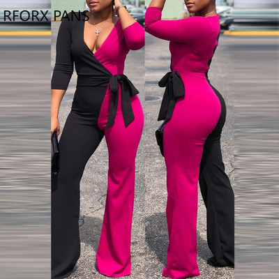 Naiste šikk sügava V-kaelusega lapiline vabaaja kolmeveerandvarrukatega seksikas sirge kombinesoon