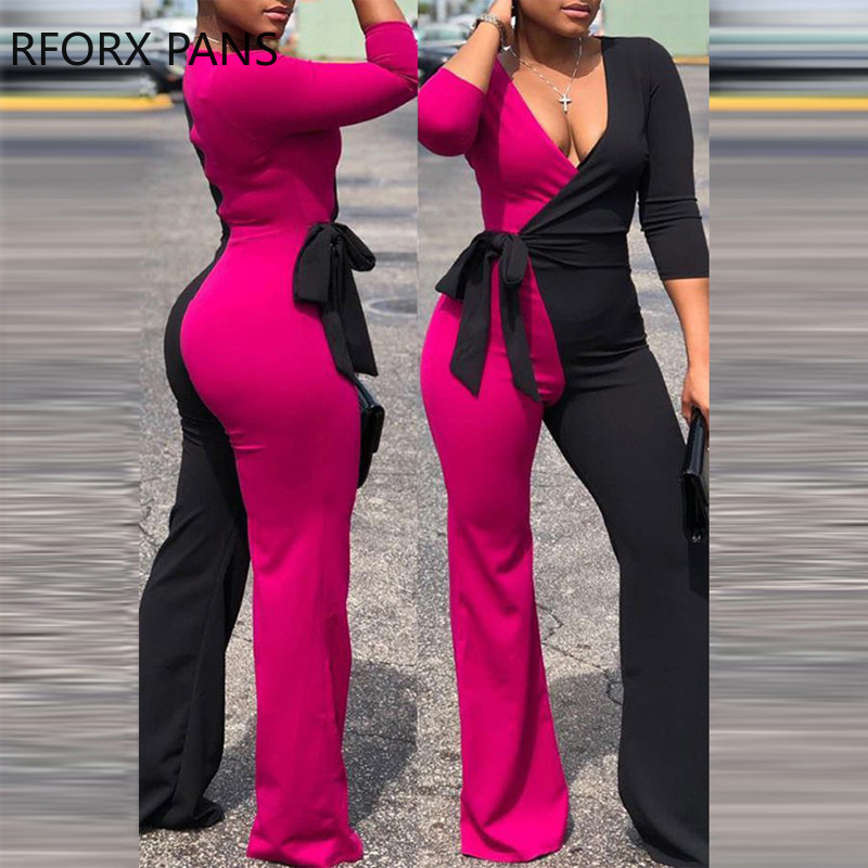 Naiste šikk sügava V-kaelusega lapiline vabaaja kolmeveerandvarrukatega seksikas sirge kombinesoon