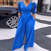 Naiste tugevad elegantsed lühikesed puhvis varrukad, sügava V-kaelusega lai jalg taskuga töötava kombinesooniga