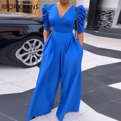 Naiste tugevad elegantsed lühikesed puhvis varrukad, sügava V-kaelusega lai jalg taskuga töötava kombinesooniga